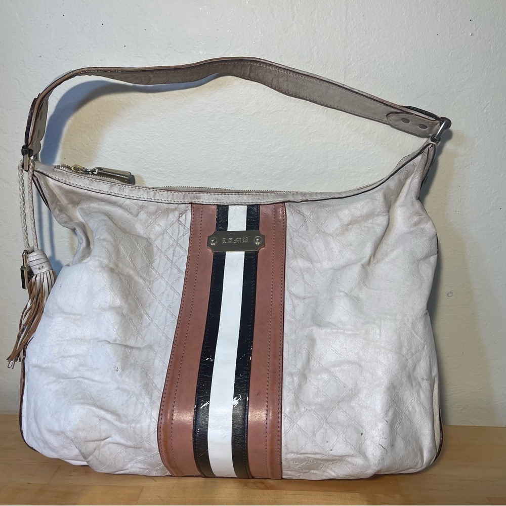 L.A.M.B. White Leather Hobo with Tan and Black Stripes